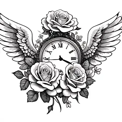 roses, clover, angel wings, best friend tribute, time clock tattoo design idea
