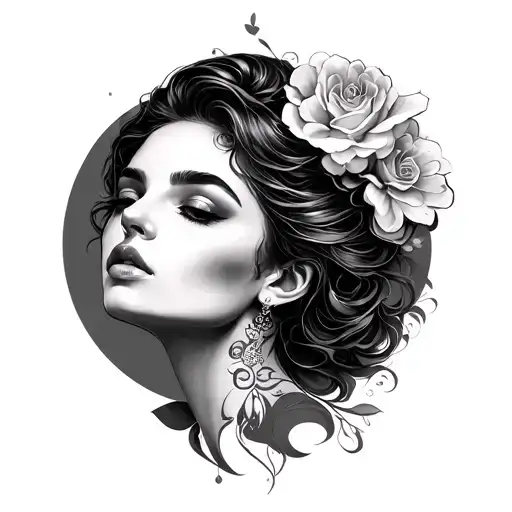 The basis is a beautiful women's face embedded in erotic moments, photo -realistic, ecstatic, touch, S tattoo design idea