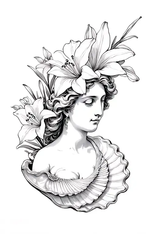 Aphrodite in shell, lilies and orchid tattoo design idea