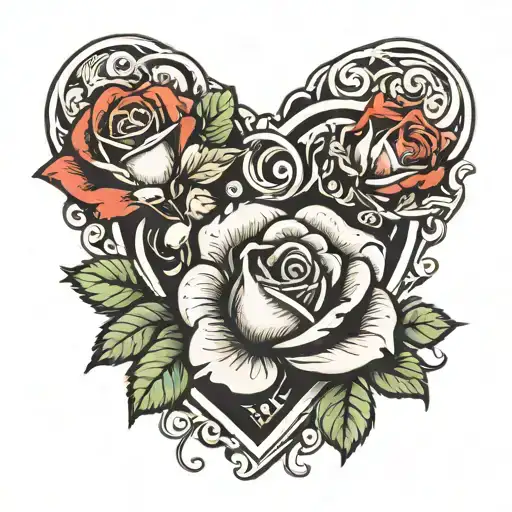 three dimensional heart witha rose and the letter N in the middle  tattoo design idea