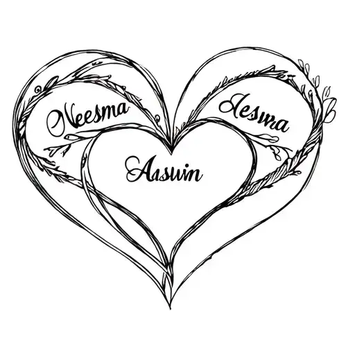 interconnected hearts with names "Neeshma" and "Aswin" incorporated, representing eternal love, care, and commitment. tattoo design idea