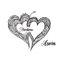 interconnected hearts with names "Neeshma" and "Aswin" incorporated, representing eternal love, care, and commitment. tattoo design idea