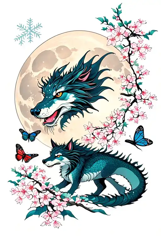 dragon, cherry blossoms, a butterfly, snowflakes, and a lone wolf, all in front of a rising full moon tattoo design idea