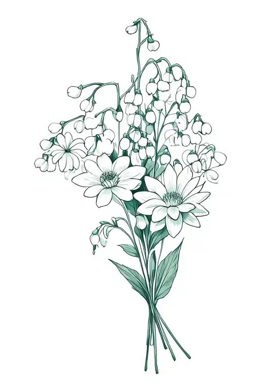 Lily of the Valley, Hawthorn, Rose and Honeysuckle, Larkspur, Delphinium, Water Lily, Aster Morning Glory to a bouquet  tattoo design idea