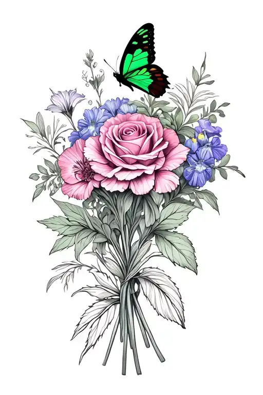oleander, mum, rose, violet, iris, and carnation bouquet with green and black butterfly sitting on the carnation  tattoo design idea