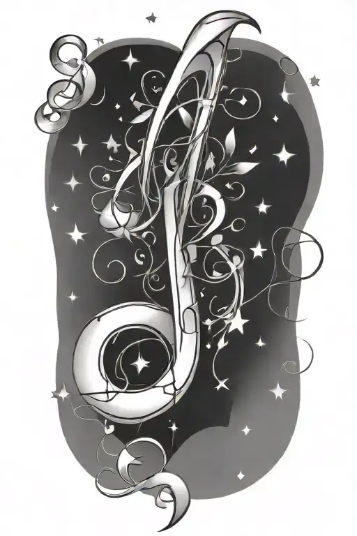 design of music notes intertwined with a vine of stars and dollar signs, symbolizing love for music and wealth tattoo design idea