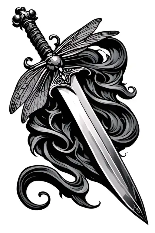Dagger with dragonfly hilt and wavy blade tattoo design idea