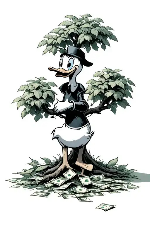 Donald Duck sitting on money tree growing tattoo design idea