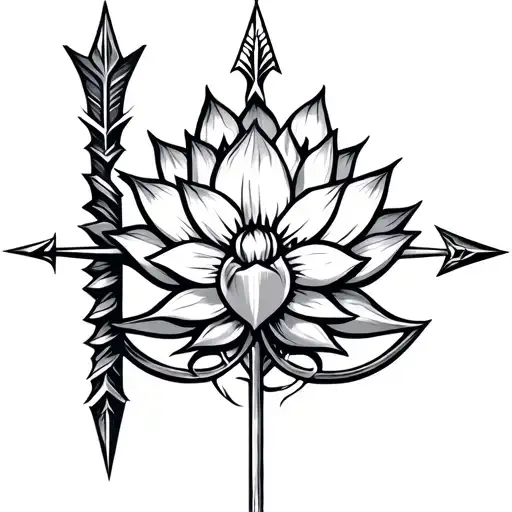 masculine lotus turning into an arrow with Viking compass in background tattoo design idea
