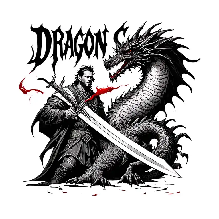"Dragon slayer" battle worn man in black holding a bloodied sword facing to kill a dragon tattoo design idea