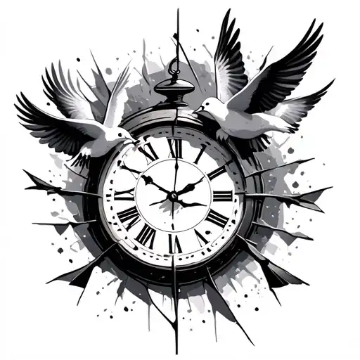 broken clock with doves flying tattoo design idea