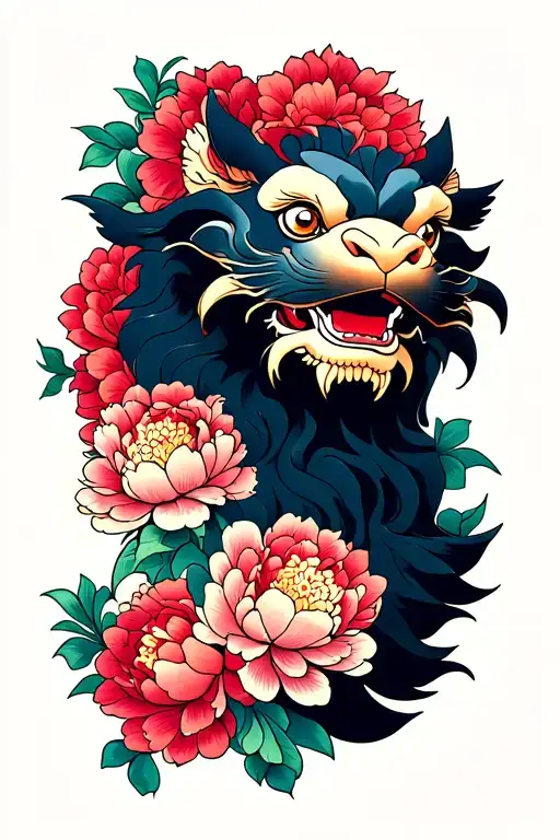 foo dog and peonies tattoo design idea