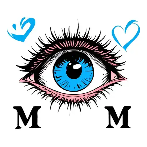 a blue eye, a heart, the initials MM tattoo design idea