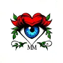 a blue eye, a heart, the initials MM tattoo design idea