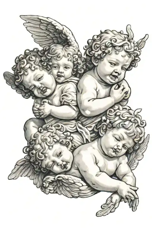 cherub angel with blindfold, cherub angel with gag over mouth and a third cherub angel covering ears tattoo design idea