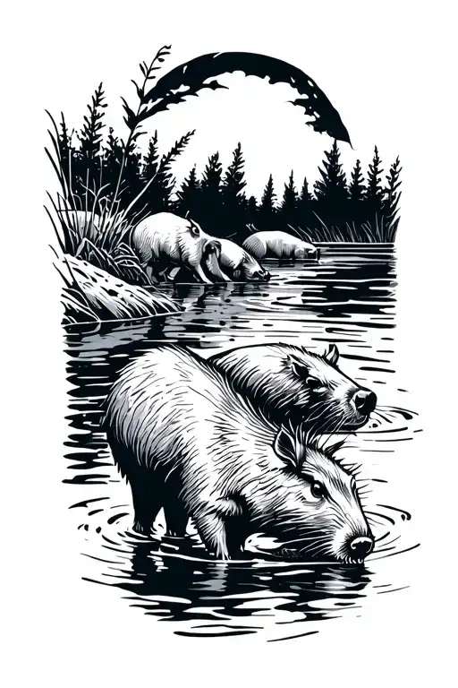 line art, simple style. Side on view. Capybara meets boar at river edge. Capybara in water, boar on bank. connection tattoo design idea