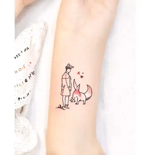Based on the work The Little Prince, the tattoo features the prince and the fox in the style of original illustrations tattoo design idea