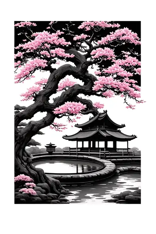 a large cherry blossom tree surrounding a Japanese zen garden tattoo design idea