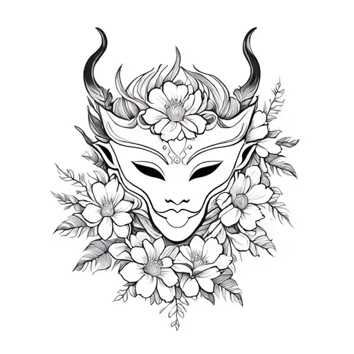 oni mask wrapped in flowers tattoo design idea