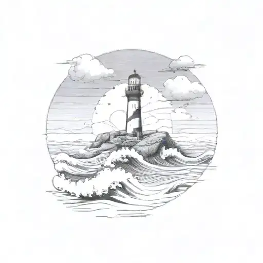 wave, plane, lighthouse, sea, mountain, circle tattoo design idea