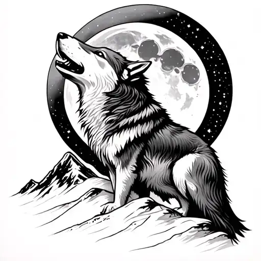 wolf howling at moon on mountain with Gemini constellation in background tattoo design idea