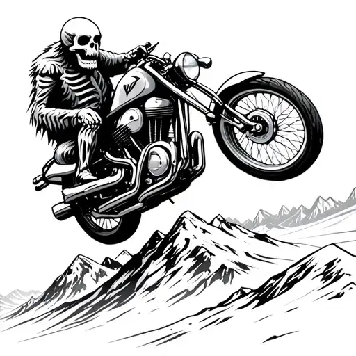 motorcycle , strong animal or skeleton riding it , mountain range maybe like in snow tattoo design idea