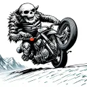 motorcycle , strong animal or skeleton riding it , mountain range maybe like in snow tattoo design idea