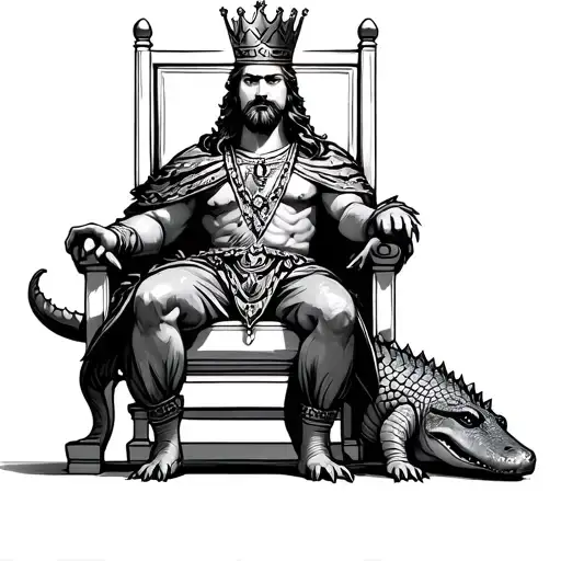 king with crown sitting on throne, with alligator sitting next to him tattoo design idea