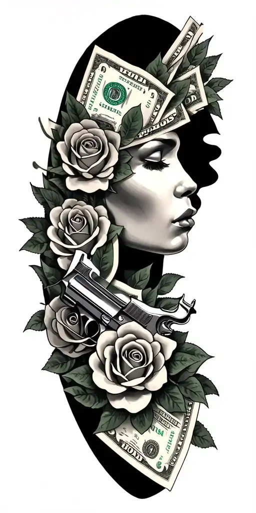 throat tattoo featuring 100 dollar bills forming the shape with roses and banditas holding pistols tattoo design idea