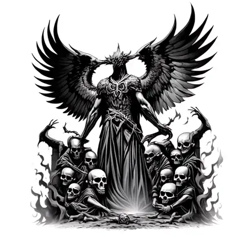 "Brobe Reborn" "Brobe Reborn" "Brobe Reborn" fantacy full back with phoenix grim reapers  skulls deamons at gates of hell with fire and smoke tattoo design idea