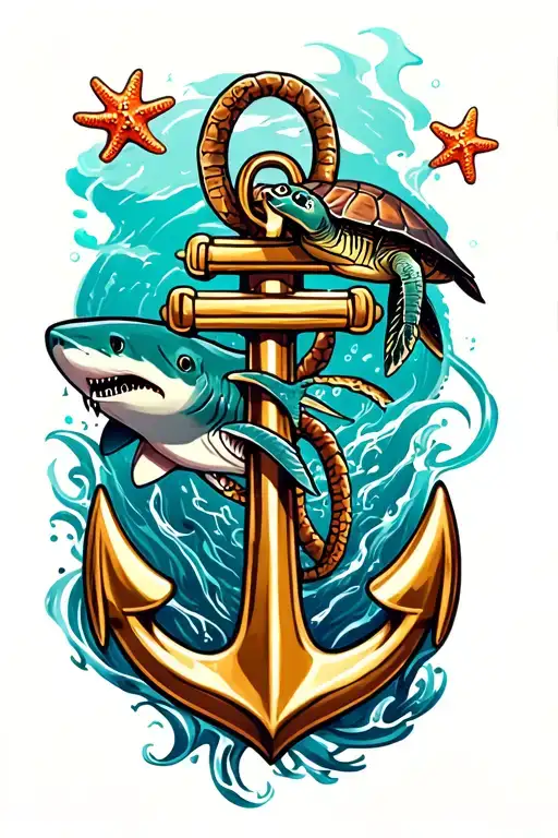 anchor with turtle and shark and starfish floating tattoo design idea