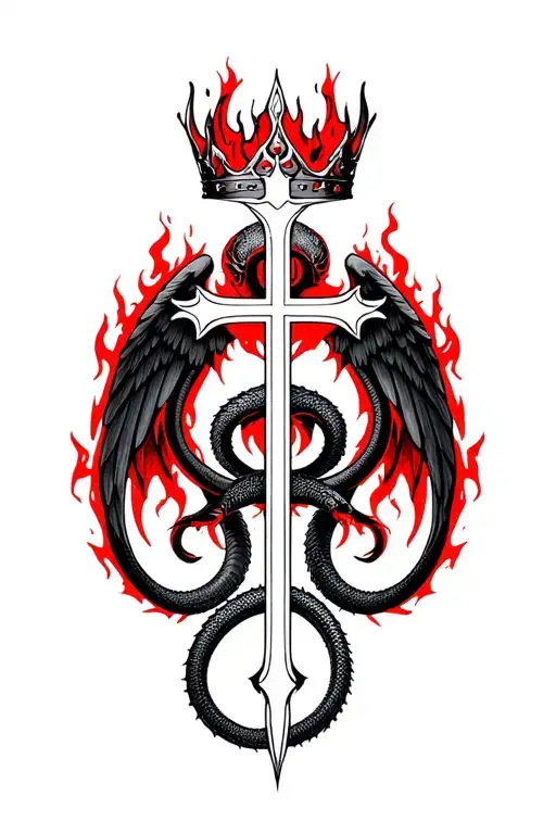 Flamel symbol from Fullmetal Alchemist, serpent on cross, wings and crown, tattoo style, alchemical, black and red ink tattoo design idea
