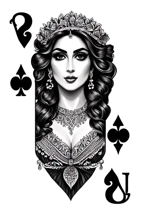 Queen of hearts card, Realism, black & gray tattoo tattoo design idea