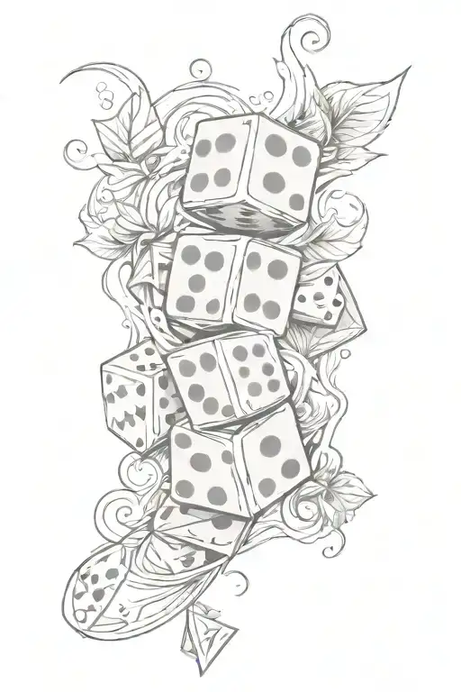 A Black-Grey Tattoo Design Of A Dice With Lucky Symbols On Each Side, and playing cards in the back  tattoo design idea