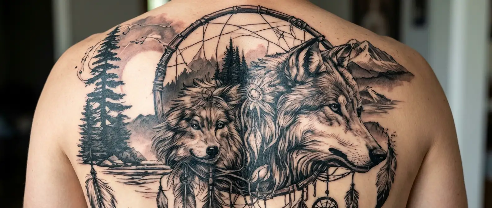 Wolf head, mountains, water, trees, dreamcatcher made tattoo design idea