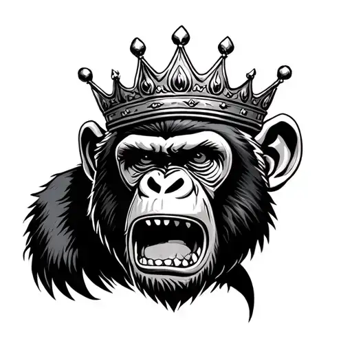 monkey head, crown, ungry, mouth closed tattoo design idea