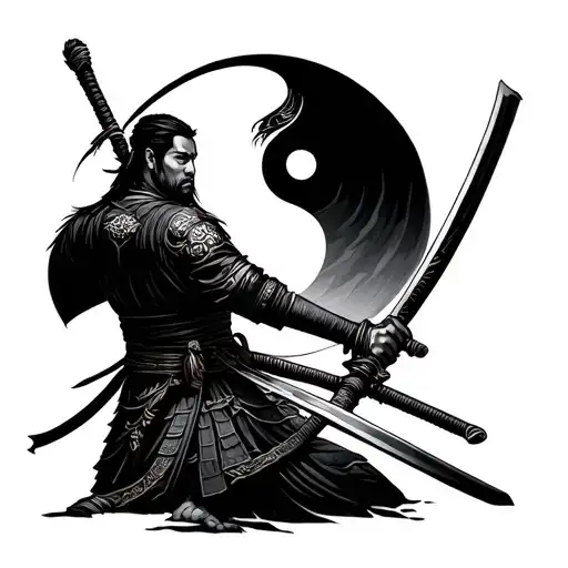Make a tatto inspired by this image. Of samurai holding a sword in one hand and the other a yin yang. tattoo design idea