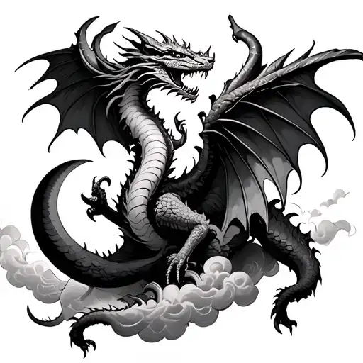 Western dragon with big wings touching a crescent moon in the clouds on the forearm tattoo design idea