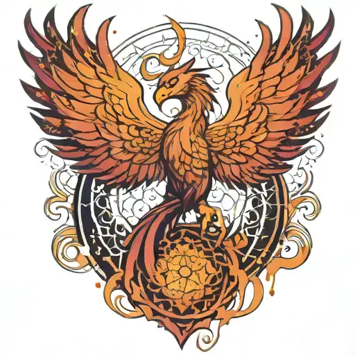Create a phoenix rising from ashes, but instead of flames, it's surrounded by glowing sacred geometry patterns (like the tattoo design idea