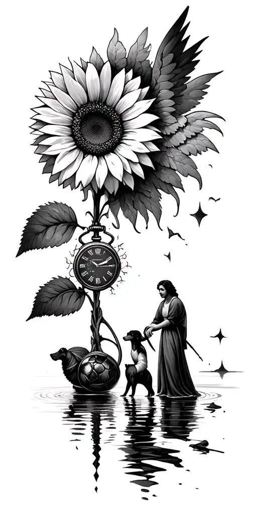 Lake with sunflower and angel, 2 adults go to a goal with a dog, broken pocket watch and photo film tattoo design idea