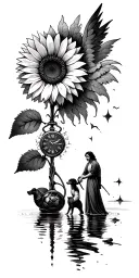 Lake with sunflower and angel, 2 adults go to a goal with a dog, broken pocket watch and photo film tattoo design idea