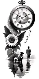 Lake with sunflower and angel, 2 adults go to a goal with a dog, broken pocket watch and photo film tattoo design idea