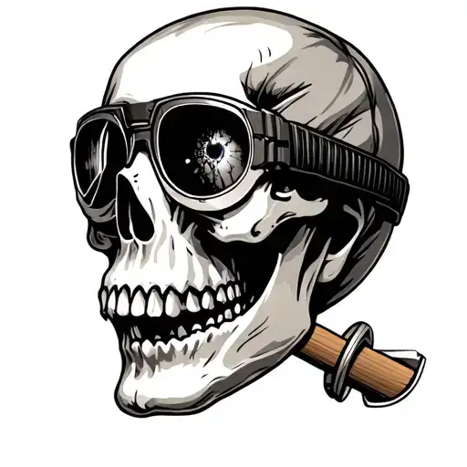 skull with riding goggles on, one of the goggles is broken showing a bloodshot tear eye, with a shovel head motor  tattoo design idea