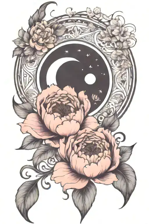 crescent moon, with peonie, art nouveau tattoo design idea