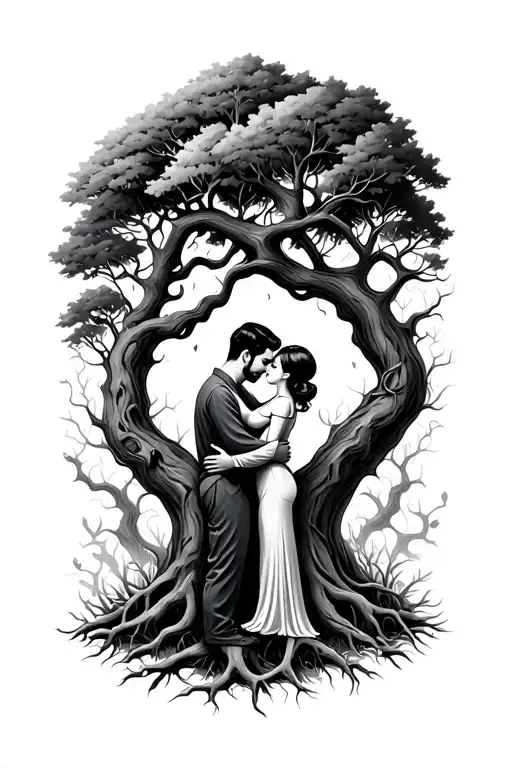 tree with roots and couple hugging embraced as the thrunk tattoo design idea
