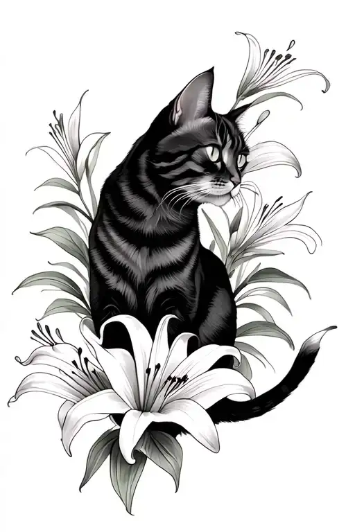 cats and lily flowers tattoo design idea