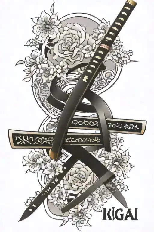 Japanese katana embedded with ikigai word written tattoo design idea