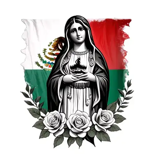 lady of Guadalupe with Mexican flag background with roses  tattoo design idea