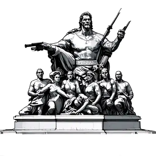 The sketch of the monument in black and white, representing a complex of figures of a fighter and members of his family. At the heart of the mon tattoo design idea