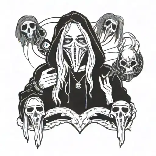 fineline of Billie Eilish wearing a black hooded cloak holding a ghostface killer mask from the movie scream in her hand tattoo design idea
